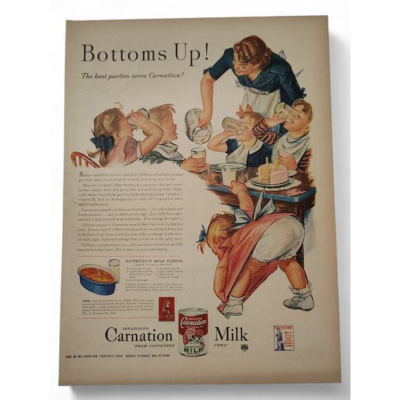 1943 Carnation Milk Print Ad Bottoms Up Party Scene Kids Drinking 1940s Ephemera - Picture 1 of 7